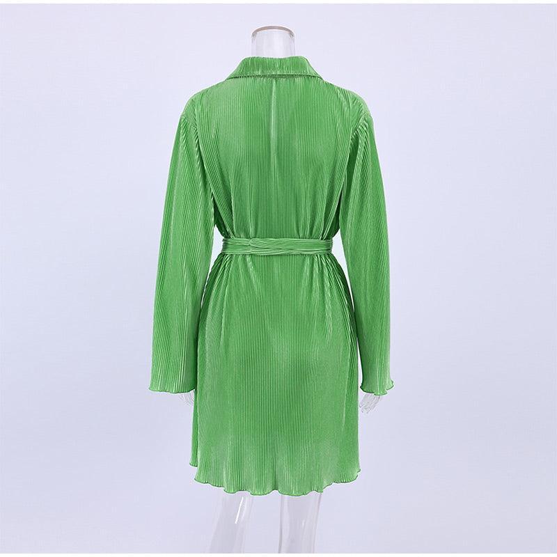 Green Pleated Skinny Puff Sleeve Pleated Dress - Clothing Whore