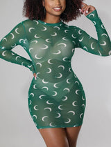 Long Sleeve Moon Printed See Through Bodycon Mini Dress - Clothing Whore