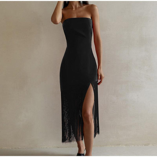 Fringe Tube Top Side Slit Dress - Clothing Whore