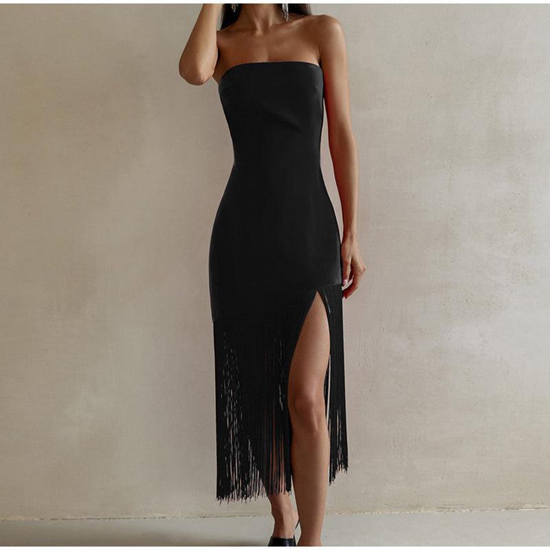 Fringe Tube Top Side Slit Dress - Clothing Whore