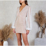 Sequins V Neck Lantern Long Sleeves Dress - Clothing Whore