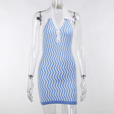 Knit Stripe Printed Lapel Sleeveless Bodycon Dress - Clothing Whore