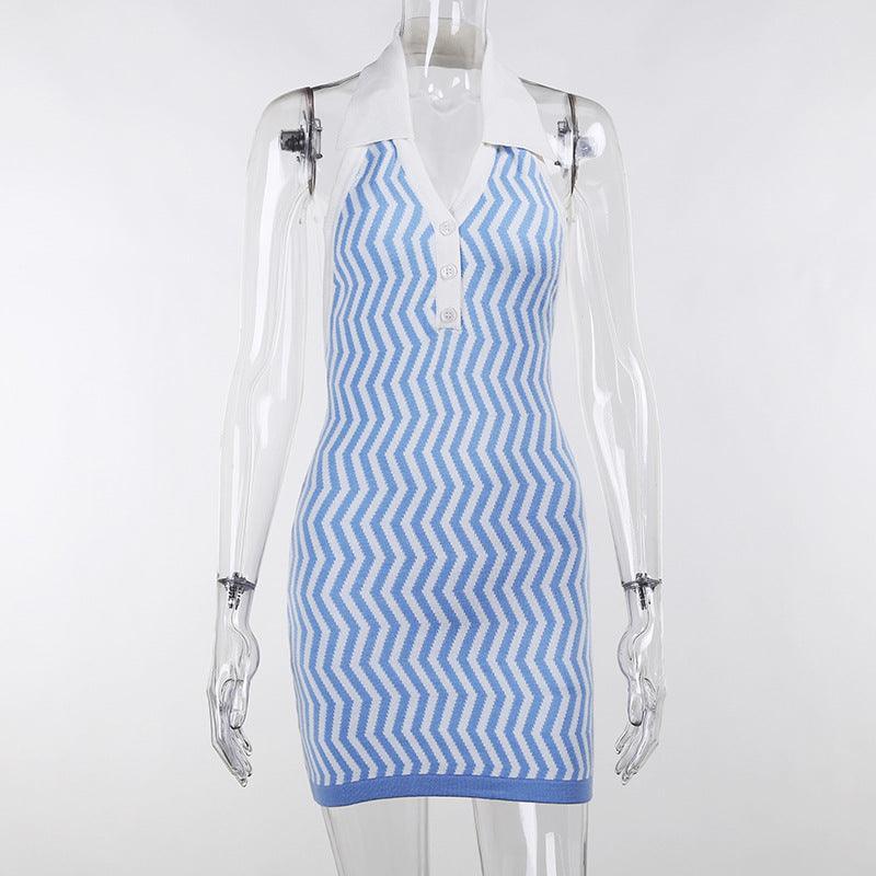 Knit Stripe Printed Lapel Sleeveless Bodycon Dress - Clothing Whore