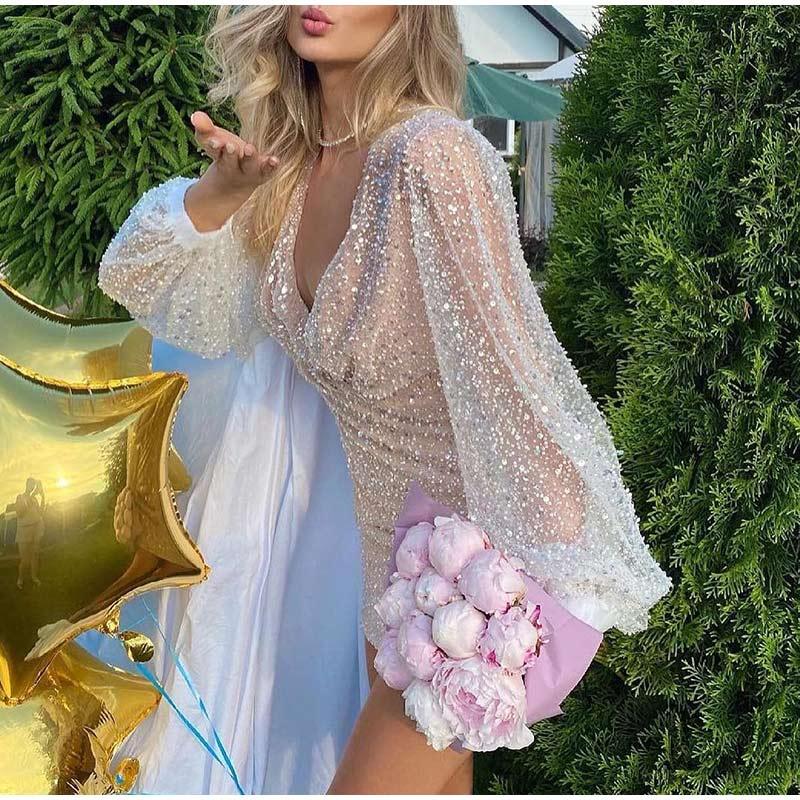 Sequins V Neck Lantern Long Sleeves Dress - Clothing Whore