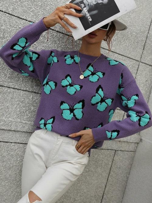 Cartoon Butterflies Knitted Sweater - Clothing Whore