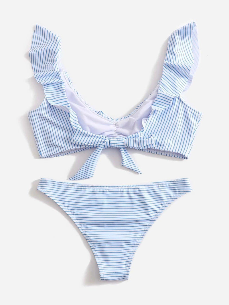 Blue Striped Swimsuit Ruffled Swimwear - Clothing Whore