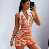 Knit Stripe Printed Lapel Sleeveless Bodycon Dress - Clothing Whore