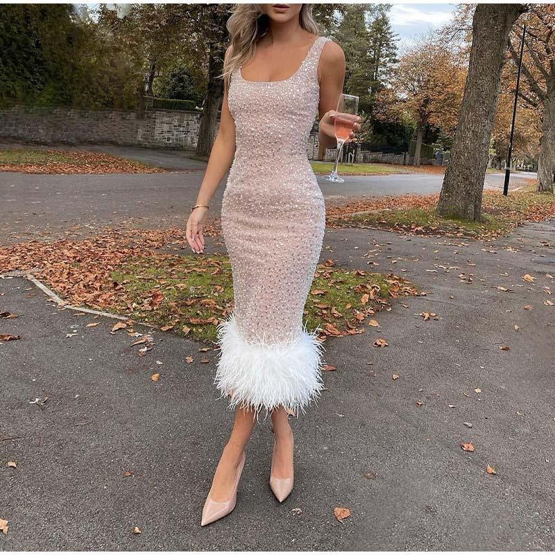 Pearl Sequins Feather Stitching Hip Wrap Dress - Clothing Whore