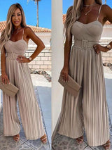 Solid Pleated Jumpsuit Loose Wide Leg Beach Romper Overall - Clothing Whore