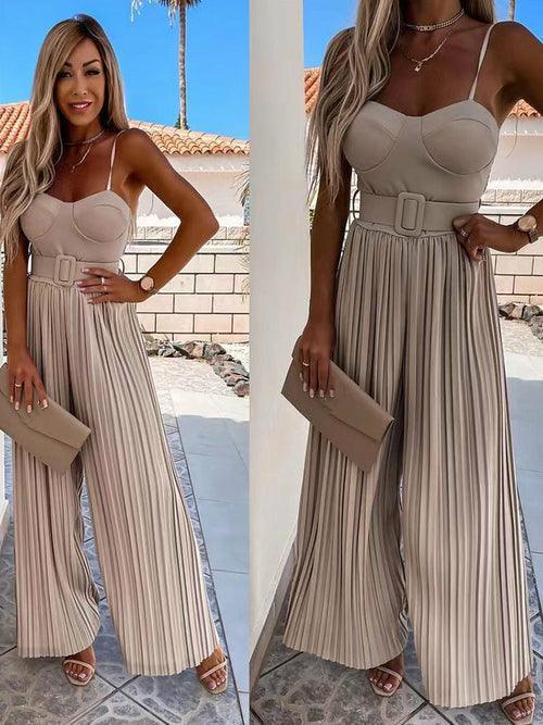 Solid Pleated Jumpsuit Loose Wide Leg Beach Romper Overall - Clothing Whore