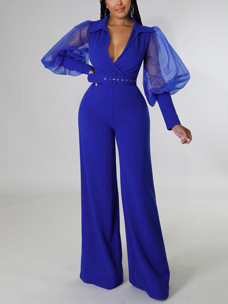 Mesh Puff Sleeve V Neck Elegant Jumpsuit - Clothing Whore