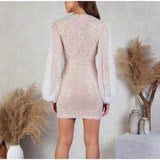 Sequins V Neck Lantern Long Sleeves Dress - Clothing Whore