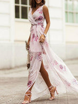 Sleeveless V Neck Floral Printed Party Dress - Clothing Whore