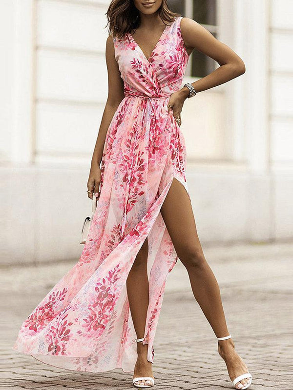 Sleeveless V Neck Floral Printed Party Dress - Clothing Whore