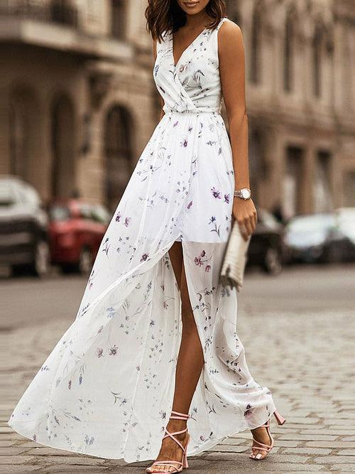 Sleeveless V Neck Floral Printed Party Dress - Clothing Whore