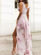 Sleeveless V Neck Floral Printed Party Dress - Clothing Whore