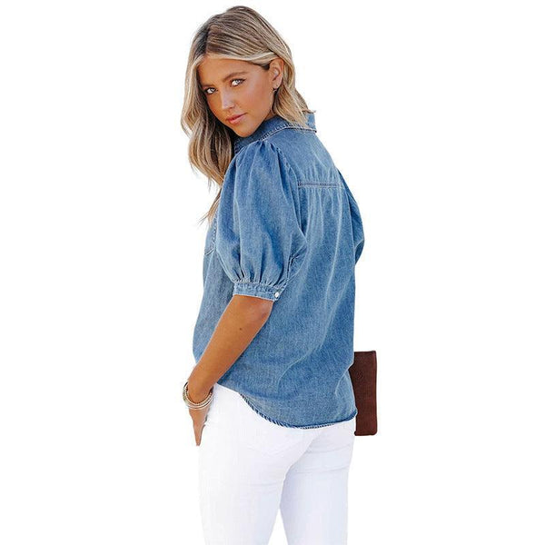 Turn-down Collar Denim Top - Clothing Whore