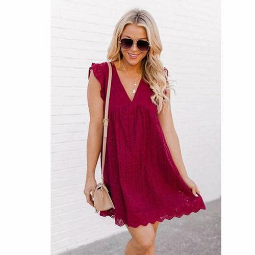 V-neck Summer Short Sleeve Lace Dress - Clothing Whore