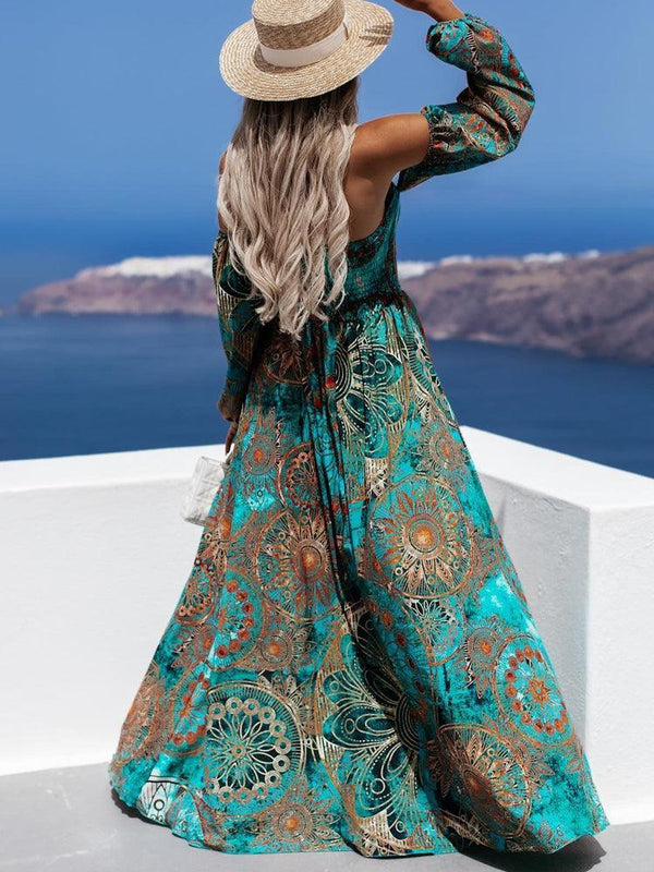 Off Shoulder Print Boho Long Dress - Clothing Whore
