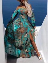 Off Shoulder Print Boho Long Dress - Clothing Whore