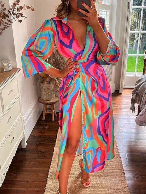 Vintage Pattern Print Women Shirt Dress - Clothing Whore