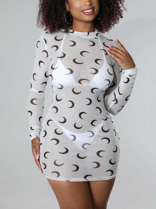 Long Sleeve Moon Printed See Through Bodycon Mini Dress - Clothing Whore