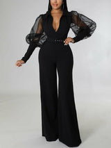 Mesh Puff Sleeve V Neck Elegant Jumpsuit - Clothing Whore