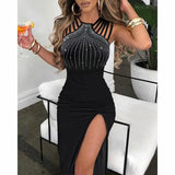 Rhinestone Decor Multi-Strap High Slit Dress - Clothing Whore
