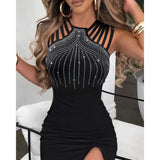 Rhinestone Decor Multi-Strap High Slit Dress - Clothing Whore