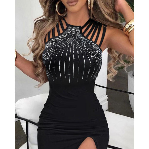Rhinestone Decor Multi-Strap High Slit Dress - Clothing Whore