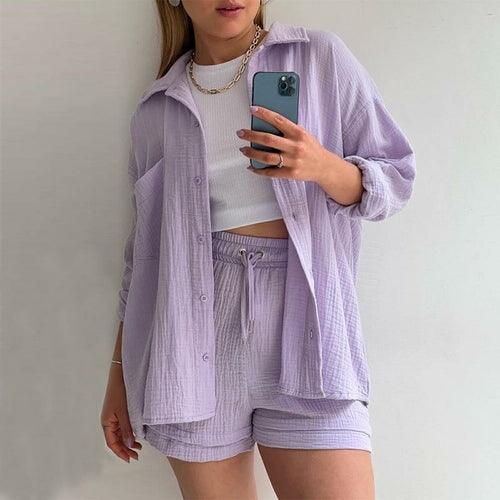 affle Long Sleeve Shirt And High Waist Shorts Set - Clothing Whore