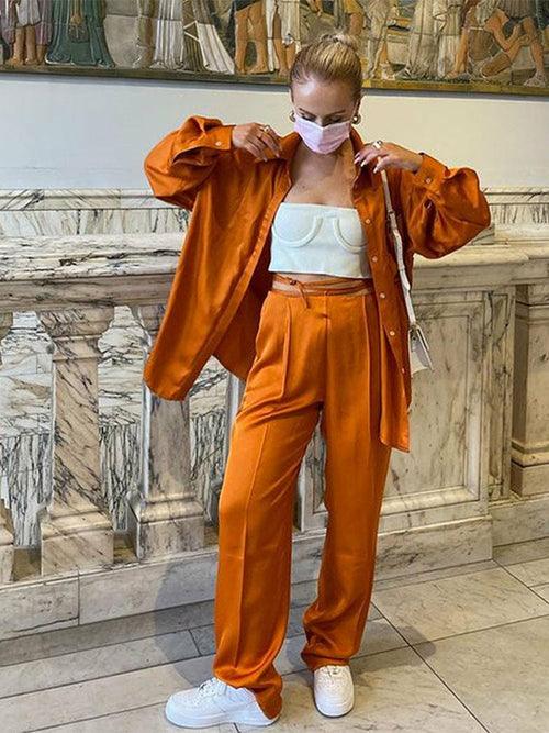 Satin Shirt Wide Leg Pants Three Piece - Clothing Whore