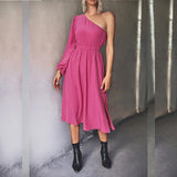 Lantern Sleeve Waist Midi Hem Slit Dress - Clothing Whore