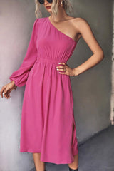 Lantern Sleeve Waist Midi Hem Slit Dress - Clothing Whore