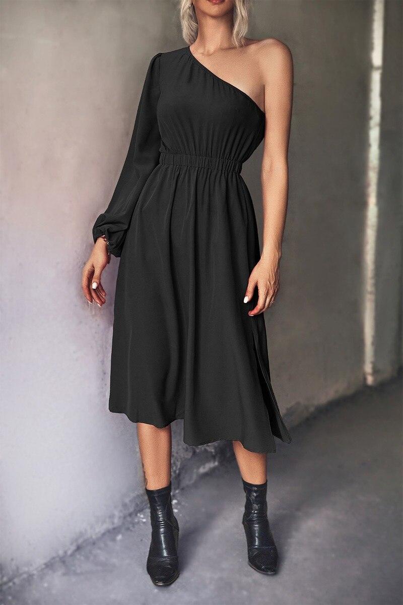 Lantern Sleeve Waist Midi Hem Slit Dress - Clothing Whore