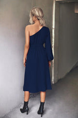 Lantern Sleeve Waist Midi Hem Slit Dress - Clothing Whore