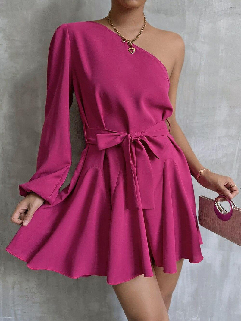 Diagonal Collar Long Sleeve Dress - Clothing Whore