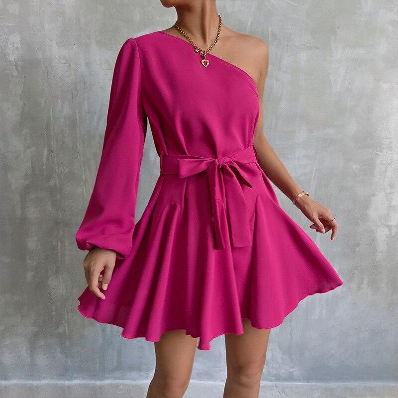 Diagonal Collar Long Sleeve Dress - Clothing Whore