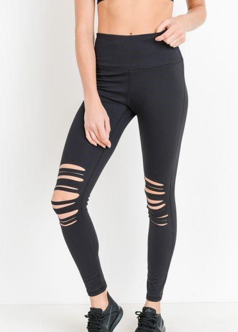 High Waist Laser Cut Ripped Knee Leggings - Clothing Whore