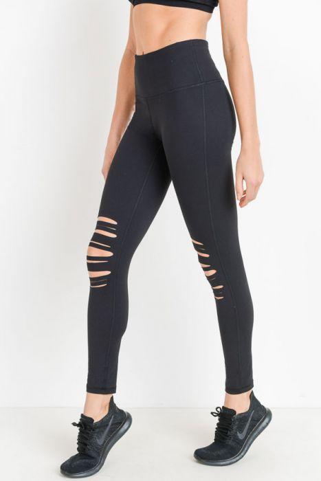 High Waist Laser Cut Ripped Knee Leggings - Clothing Whore