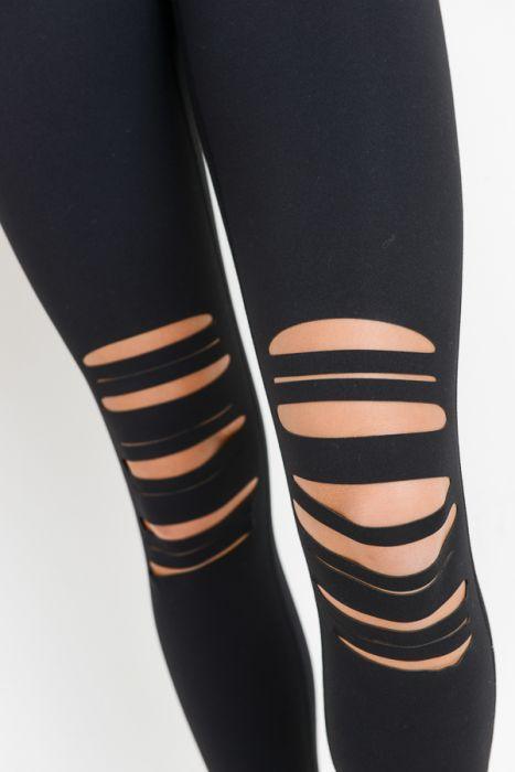 High Waist Laser Cut Ripped Knee Leggings - Clothing Whore