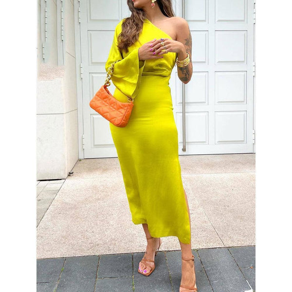 Draped Satin Asymmetrical Midi Dress - Clothing Whore