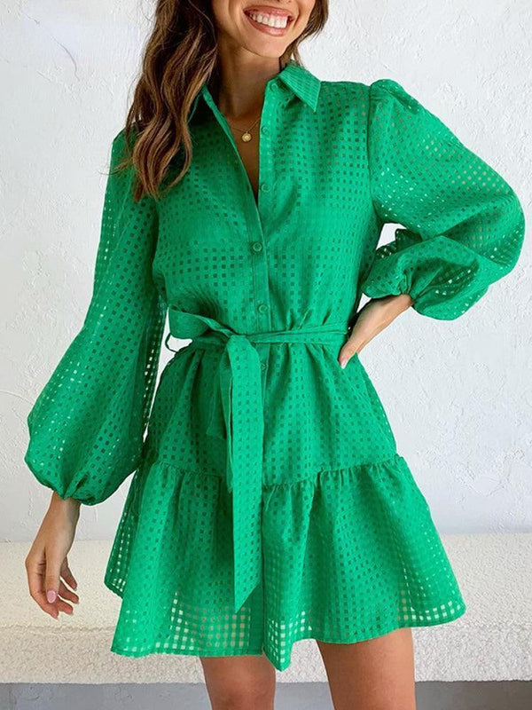 Elegant Green Plaid Puff Sleeve Mini Dress - Clothing Whore