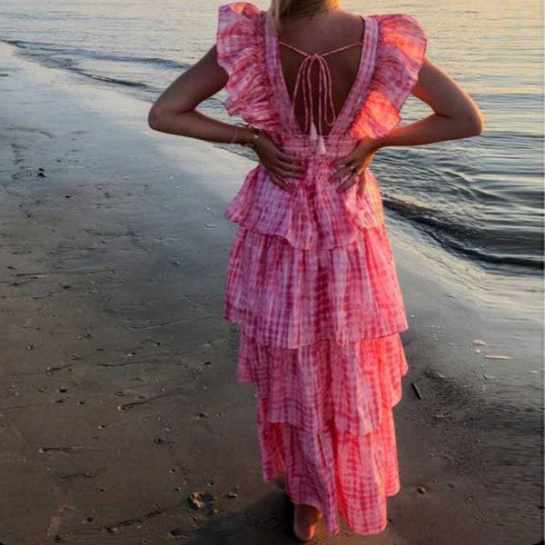 Pink Deep V Neckline Long Dress Tiered Ruffled Summer Dress - Clothing Whore