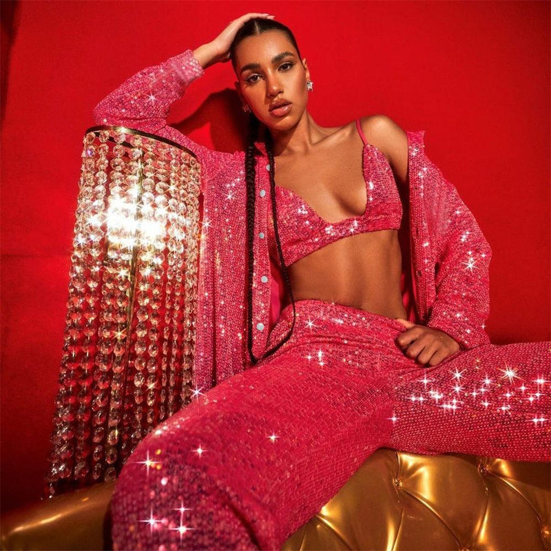 Sequins Bling Bra Long Sleeve Shirt Wide Leg Pants - Clothing Whore