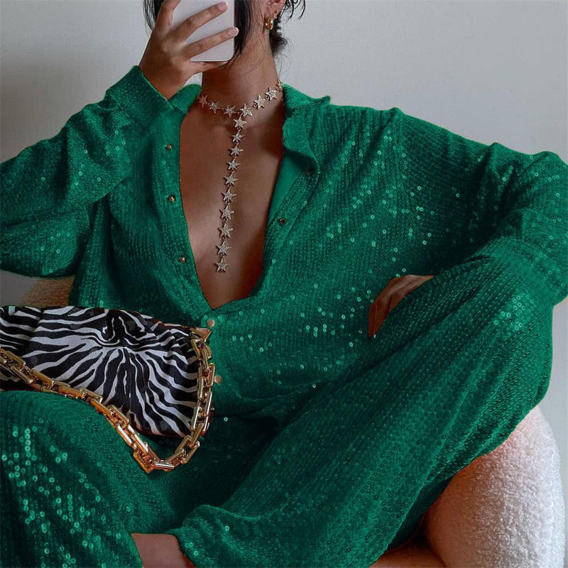 Sequins Bling Bra Long Sleeve Shirt Wide Leg Pants - Clothing Whore