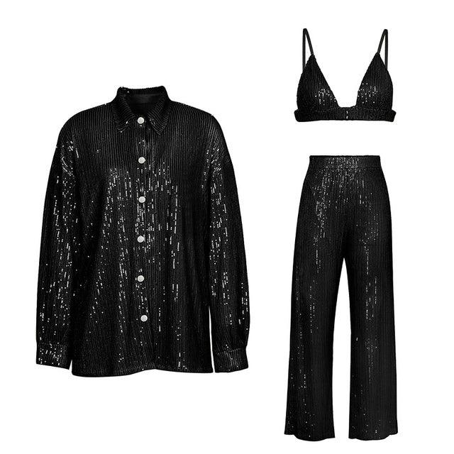 Sequins Bling Bra Long Sleeve Shirt Wide Leg Pants - Clothing Whore