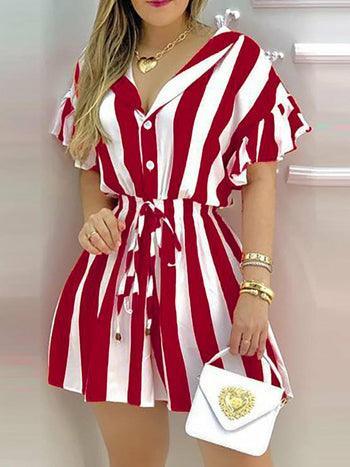 Striped Colorblock Ruffles Shirt Dress - Clothing Whore