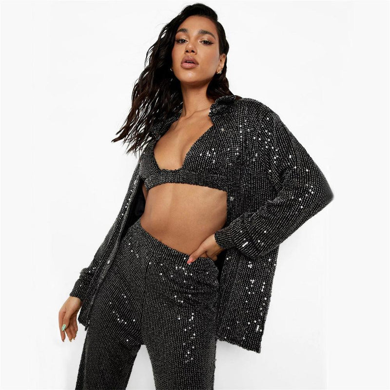 Sequins Bling Bra Long Sleeve Shirt Wide Leg Pants - Clothing Whore