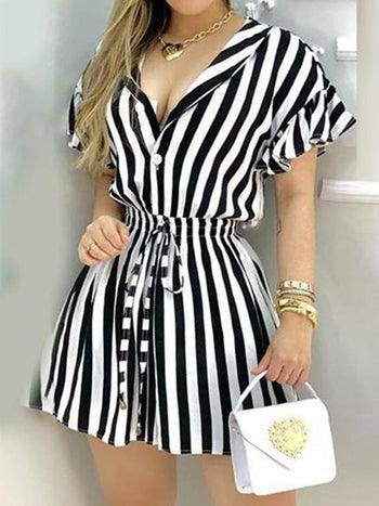 Striped Colorblock Ruffles Shirt Dress - Clothing Whore